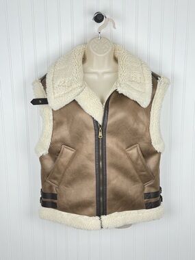 Young Pepe Faux Shearling Moto Vest - Brown Sherpa Lined Oversized Zip Front